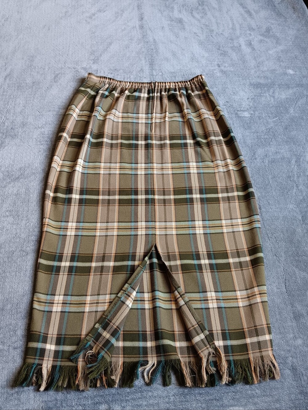 Green Plaid Fringe Hem Vintage Pencil Skirt, Boho Academia, Womens Size 12 - Picture 2 of 10